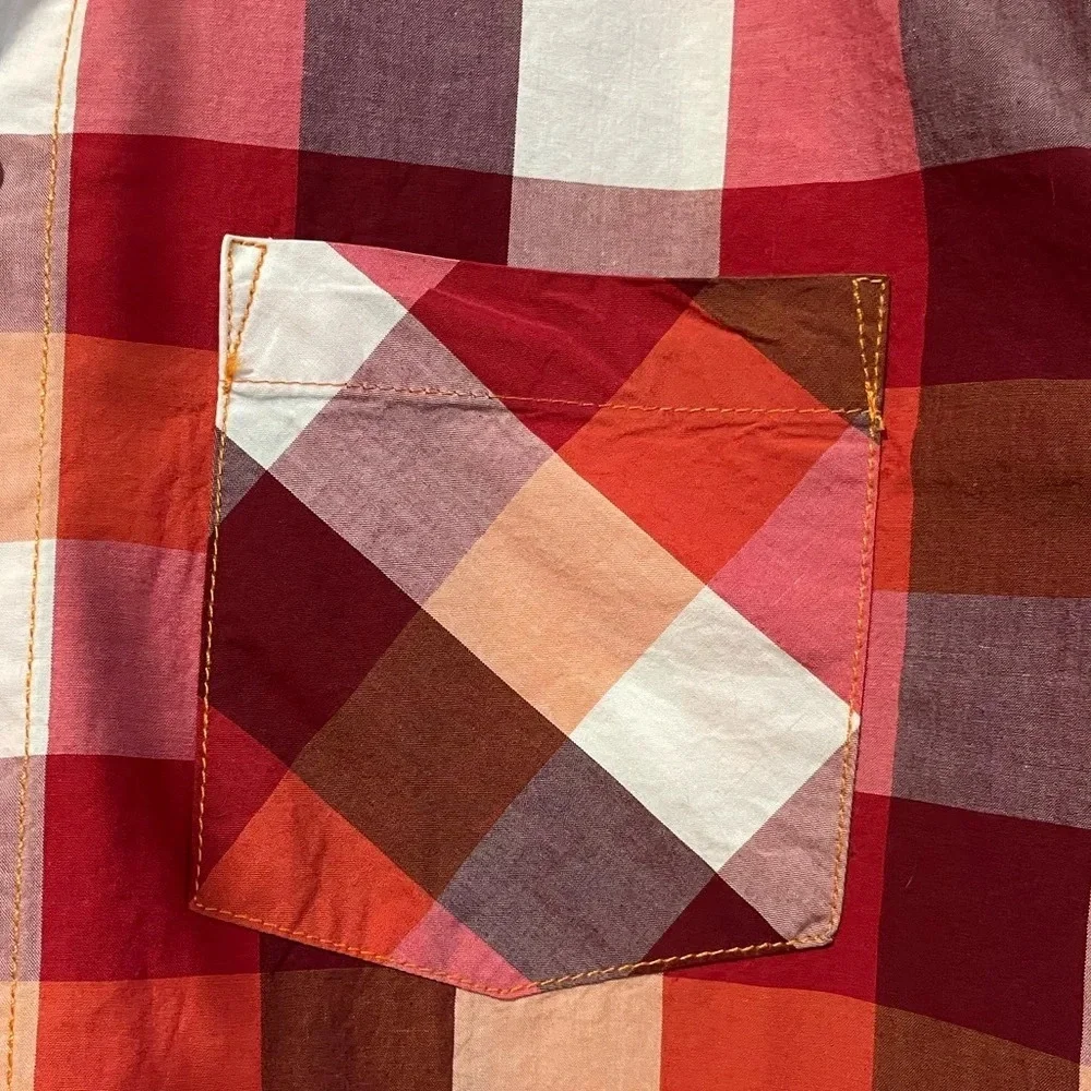 Tanjim Red & Orange Checked Plaid Hooded Button  Up Shirt Jacket - Size Large - Picture 2 of 11